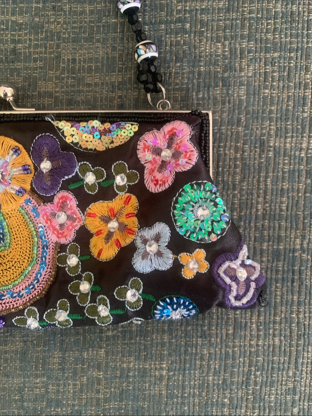 VINTAGE INSPIRED FLORAL BEADED BAG CHAIN SHOULDERBAG BLACK NEW
